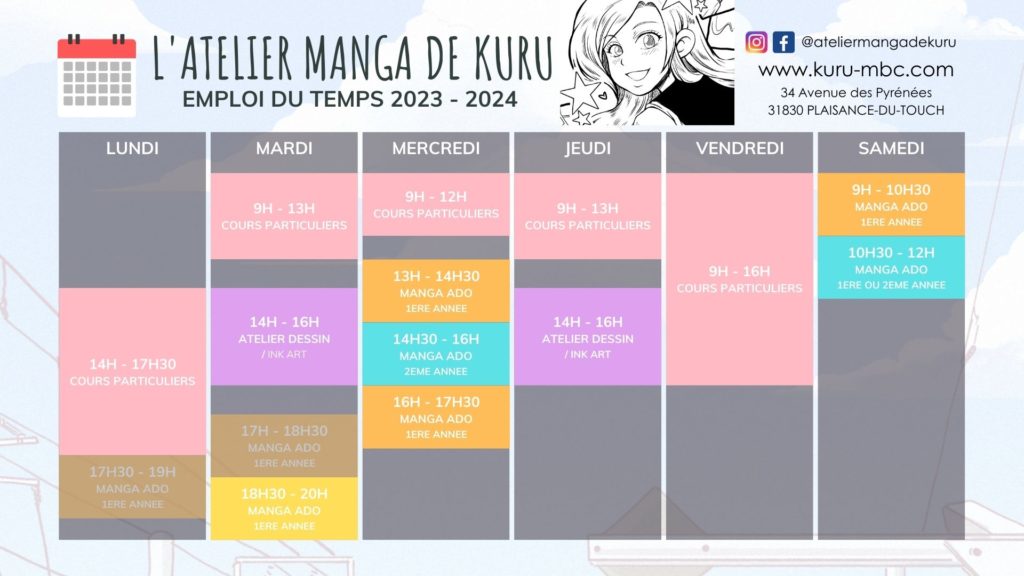 Emploi du temps provisoire 2023-2024 atelier manga de kuru