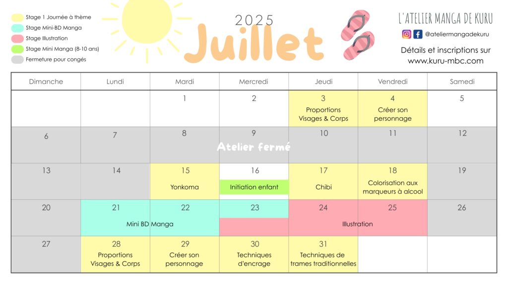 L'Atelier Manga de Kuru - Calendrier des stages dessin manga été 2025