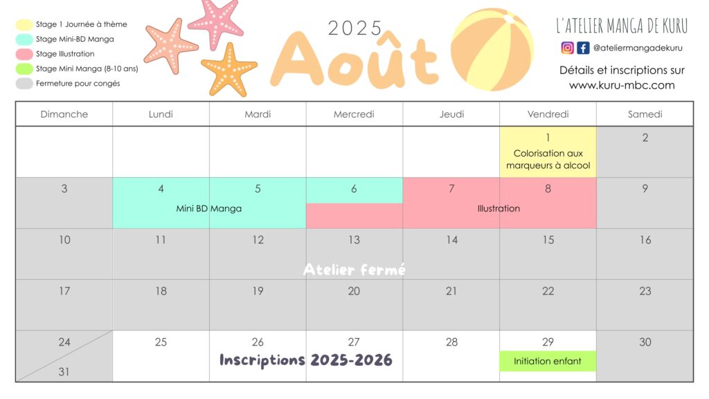 L'Atelier Manga de Kuru - Calendrier des stages dessin manga été 2025