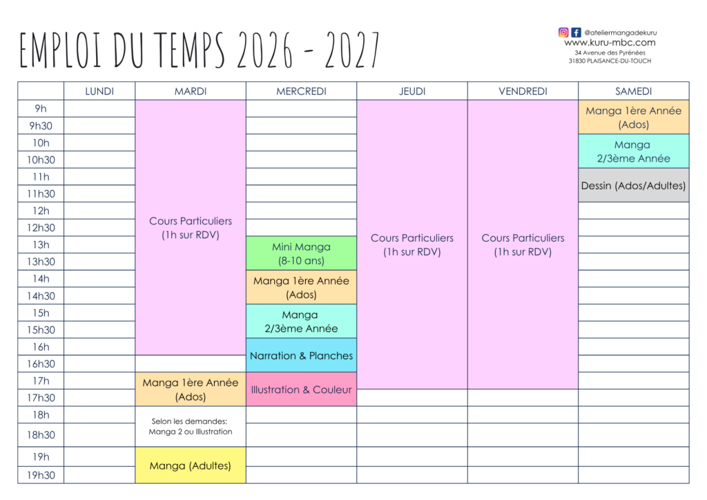 cours de manga 2026-2027 emploi du temps