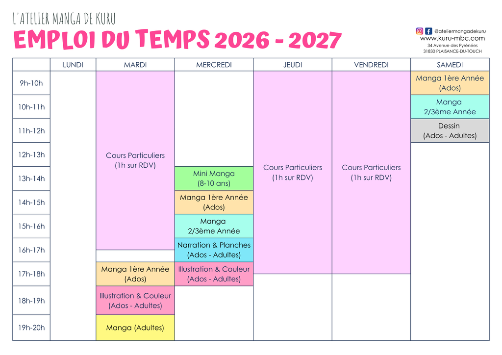 emploi du temps 2026-2027 atelier manga plaisance-du-touch kuru